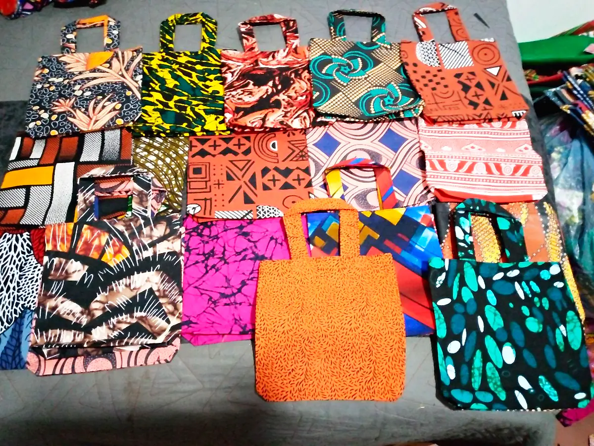 Small tote bags with handles in a wide mix of African prints