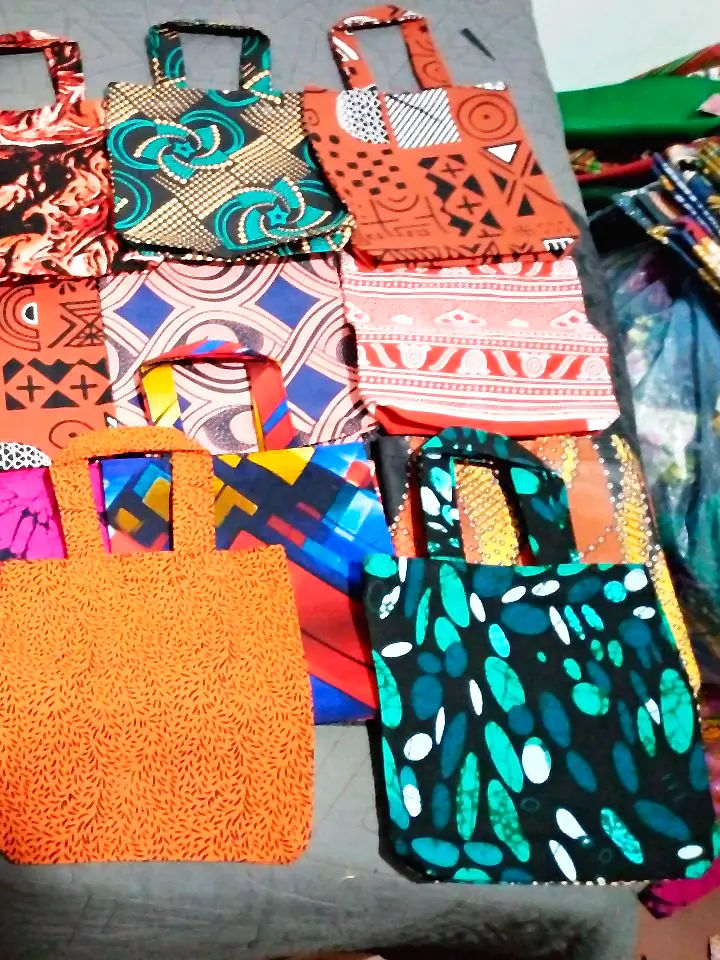 Small tote bags with handles in a wide mix of African prints
